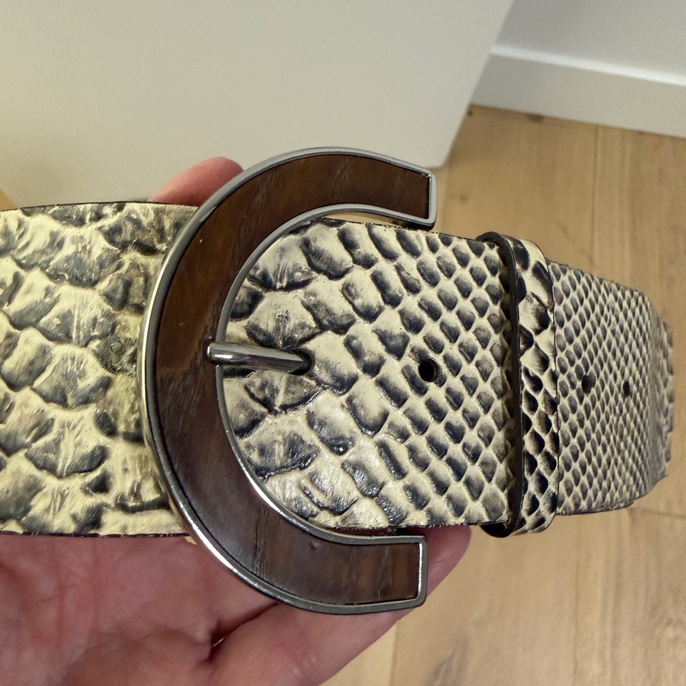Banana Republic Snakeskin Belt with Brown Wood look and Silver Buckle - Picture 2 of 14